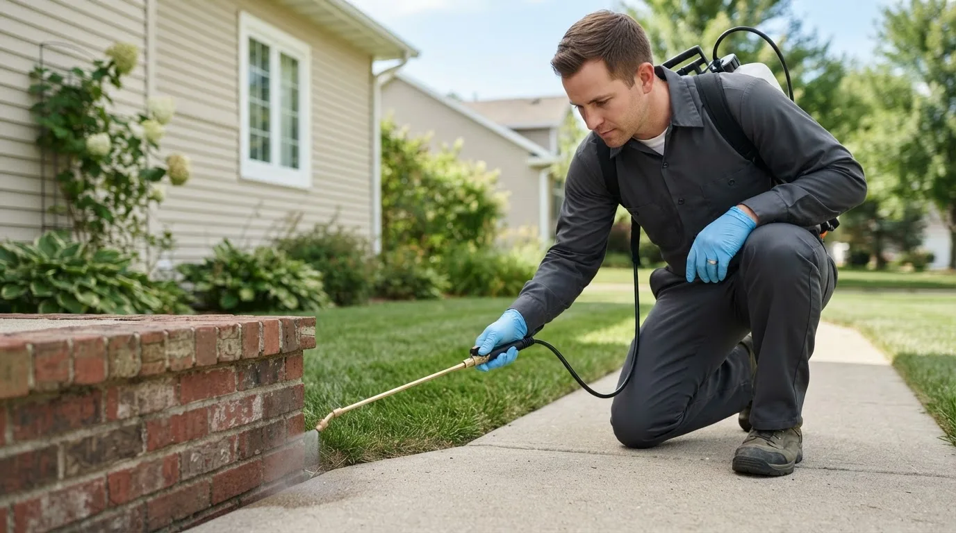 Pest control technician treating a home near Albion, PA